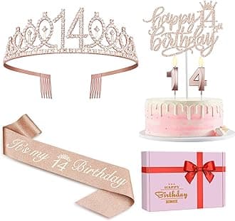 14th Birthday Decorations for Girls Including Birthday Sash and Tiara, Candles and Cake Topper, 14 Year Old Girl Decorations Gifts
