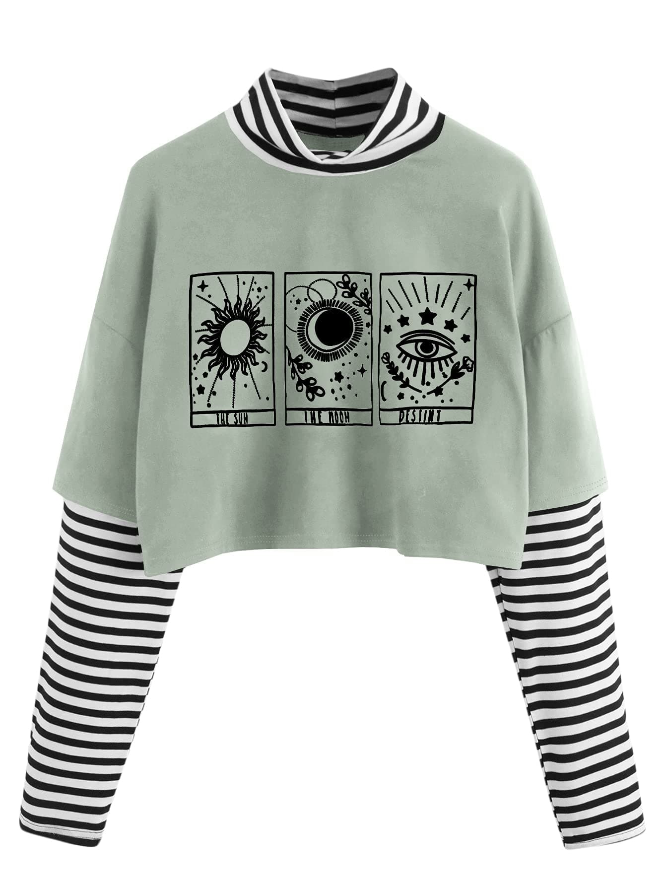 SweatyRocks Women's Color Block Butterfly Print Striped Long Sleeve Crop Top T Shirt