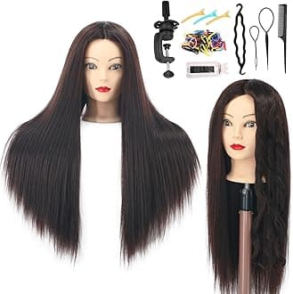 Mannequin Head Human Hair, 80% Real Hair 26" Cosmetology Mannequin Head Hair Styling Hairdressing Practice Training Doll Heads with Clamp Holder and Tools (#4 Dark Brown)