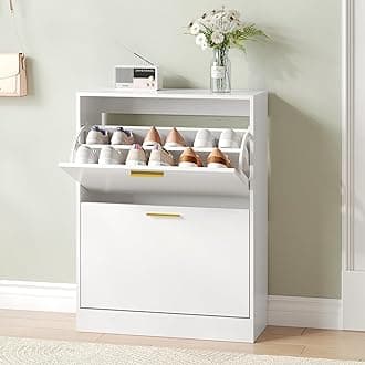 Fluted Shoe Cabinet Storage for Entryway, White Shoe Organizer with 2 Flip Drawers & Open Shelf, Freestanding Hidden Large Shoe Storage Cabinet (1pc-White, 2 Flip Drawers)