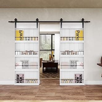 BARNER HOME 72''(36''x2) x 84'' Double Sliding Barn Door, Shelf Style Barn Door, Made of Primed MDF, with 6.6 ft Hardware,Floor Guide