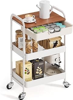 TOOLF 3-Tier Metal Utility Rolling Cart with Drawer & Wooden Table Top, Storage Cart White Trolley Kitchen Organizer Rolling Desk with Locking Wheels for Office, Classroom, Dorm, Bedroom