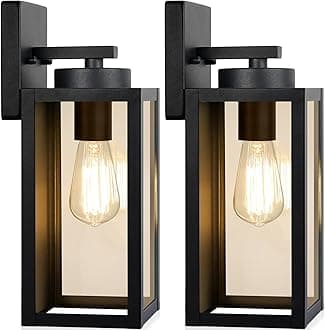 Outdoor Wall Light Fixtures, Exterior Waterproof Wall Lanterns, Porch Sconces Lighting with E26 Sockets & Glass Shades, Modern Matte Black Outside Lights for Patio Front Door Entryway Garage, 2-Pack