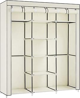 Songmics Folding Wardrobe, Fabric Closet, Foldable Wardrobe with 2 Clothes Rails, 175 x 150 x 45 cm, Beige RYG12M