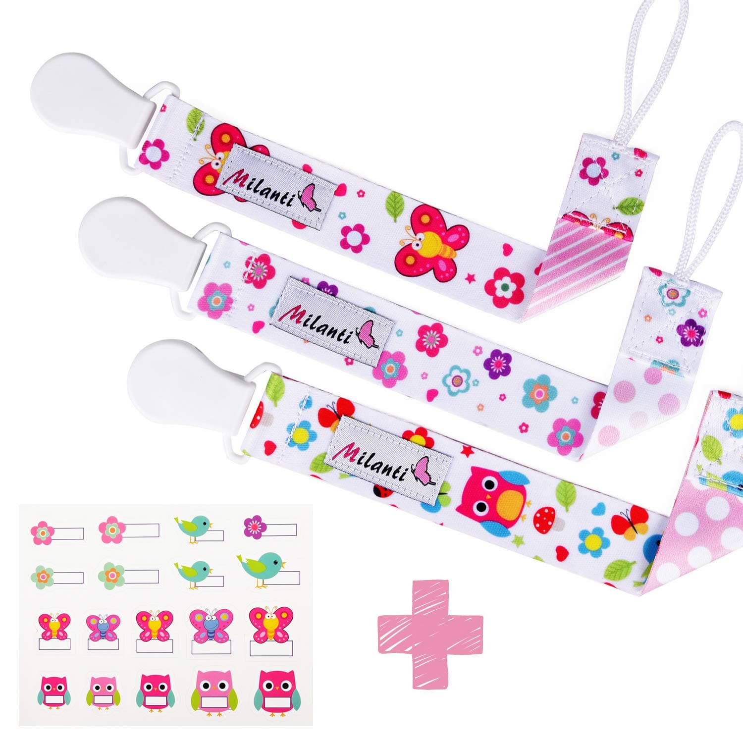 Dodo Babies Milanti Pacifier Clip Set - Three Clips Plus 18 Name Tag Labels - Universal Paci Holder Fits Most Binky Brands and Teethers - Rose and Yellow Floral Fun for Girls or Boys