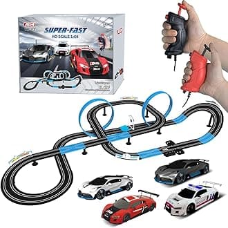 AGM MASTECH Slot Car Race Track Set, High Speed Series Tram Dual Track Set with 4 Licensed Racing Slot Cars, 2 Hand Controls, Track Parts and Lap Counter, 8.4M Long Track, Black