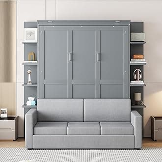 Queen Murphy Bed with Couch and Storage Shelves,Wood Murphy Wall Bed Cabinet with Storage Shelves and Sofa,Folding(Grey)