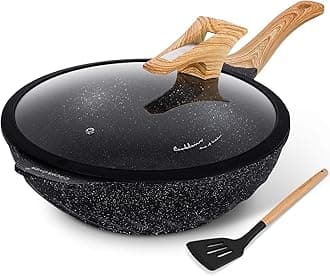 COOKLOVER Nonstick Woks And Stir Fry Pans Die-cast Aluminum Scratch Resistant 100% PFOA Free Induction Wok pan with Lid 12.6 Inch - Black