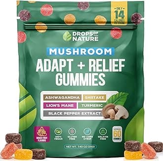 Ashwagandha & Turmeric Mushroom Gummies - Shiitake Mushroom Turmeric Curcumin with Black Pepper, Vitamin C Boost, Support Immunity & Digestion, Vegan Ashwagandha Supplements (Mixed Fruits, 60 Gummies)
