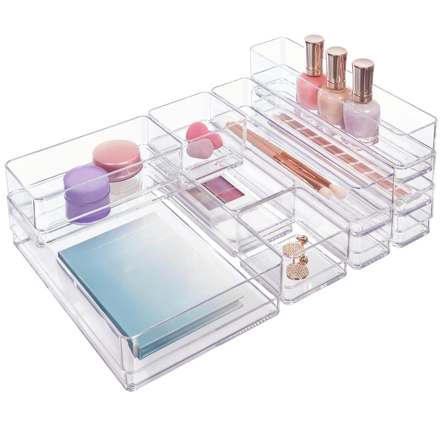 SimpleSort 10-Piece Stackable Clear Drawer Organizer Set | Multi-size Trays | Makeup Vanity Storage Bins and Office Desk Drawer Dividers | Made in USA