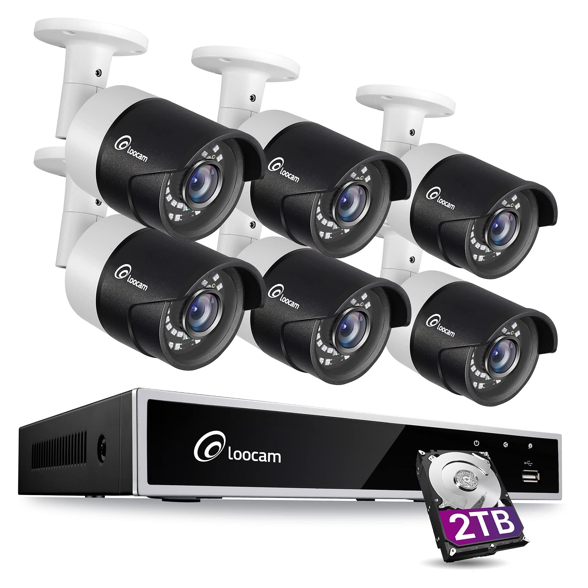 Loocam 1080p 8 Channel Security Camera System, H.265+ 2MP 8CH Surveillance DVR and Bullet Cameras, Weatherproof CCTV Camera with 36pcs IR LEDs (6 Camera System 2TB)