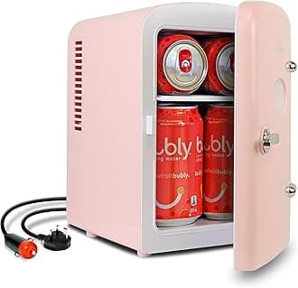 Retro Mini Fridge For Bedrooms 4L Small Fridge 6 Can Table Top Fridge Quiet Mini Fridges For Skincare Food Drinks Kids Home Car & Travel 12v Portable Cooler Refrigerator, Pink