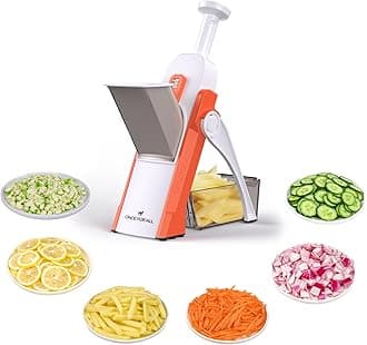 Safe Mandoline Slicer 5 in 1 Vegetable Cutter, Strips Julienne Dicer Adjustable Thickness 0.1-8 mm for Kitench Fast Meal Prep (Orange)