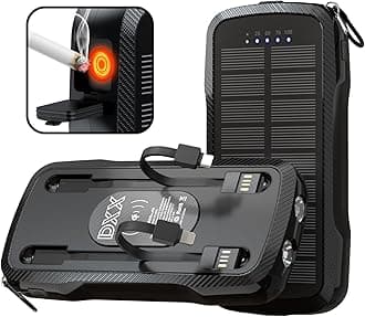 Portable Power Bank Wireless Charger 10000mAh， Solar Charger Built-in 2 Cables, Dual USB 5V Outputs, for All Mobile Devices， Solar Power Bank with Dual Flashlights (Black)