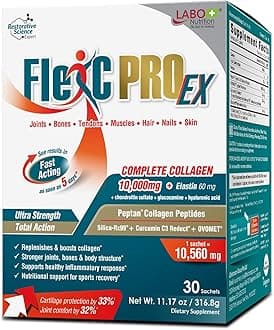 FlexC PRO EX with Peptan Type I, II & III Collagen Peptide, Organic Water Soluble Silica and Curcumin C3 Reduct, for Joint, Bones, Muscles, Nails, Skin Health, Unflavored, No Additives
