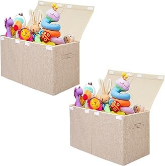 2 Pack Large Toy Box Chest Storage with Flip-Top Lid, Sturdy Kids Toy Storage Bin Boxes Container for Boys, Girls, Nursery, Closet, Bedroom, Playroom 25"x13" x16"(Linen Beige)
