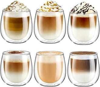glastal 6x250ml Double Walled Coffee Glasses Mugs Cappuccino Latte Macchiato Glasses Cups for Coffee Tea Milk Juice Ice Cream Borosilicate Heat Resistant Glass Cups