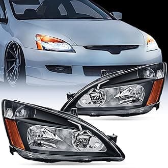 Headlight Assembly for 2003 2004 2005 2006 2007 Accord Replacement Headlamp Black Housing Amber Reflector
