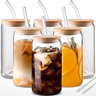 DWTS DANWEITESI Glass Cups with Lids and Straws 6pcs Set 16oz Iced Coffee Cups,Glass Coffee Cups,Beer Can Glass with Lids and Straw