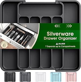 AUJEN Silverware Organizer - Expandable Kitchen Drawer Organizer, Adjustable Utensil Organizer, Cutlery Drawer Organizer for Forks, Knives, Multipurpose Kitchen Organizers and Storage Solution, Black