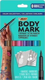 BIC BodyMark Temporary Tattoo Markers for Skin, Color Collection, Flexible Brush Tip, 8-Count Pack of Assorted Colors, Skin-Safe*, Cosmetic Quality (MTBP81-AST), 1 Count (Pack of 8)