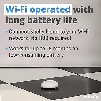 Shelly Flood Wireless Flood Sensor with Temperature Measurement, Home Automation, Drip and Leak Alarm Underfloor Heating Control, Compact design, Easy to use Battery life up to 18 months