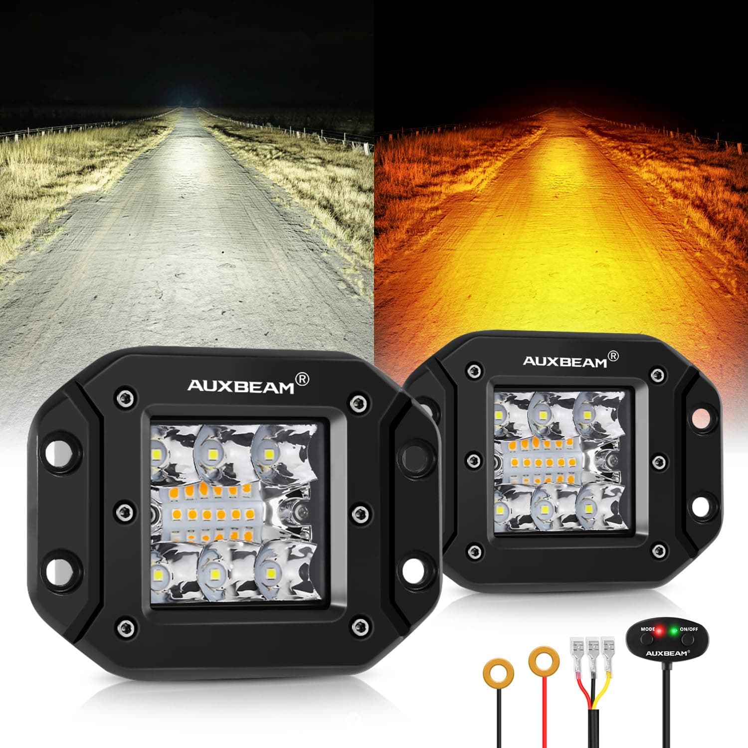 Auxbeam 6 Modes Amber White Series Flush Mount Strobe Lights 5 Inch 72W LED Pods Spot Flood Combo Flashing/Warning Multi-Function Offroad Lighting Bumper Grille Mount, Pair