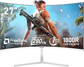 - 27 Inch PC Computer Screen,1800R Curved Gaming 280Hz Monitors, FHD 1080p 1ms, Freesync, 98% sRGB,178 ° Angle View HDMI2.0、DisplayPort, Compatible with Wall-Mounted 100 * 100MM-White