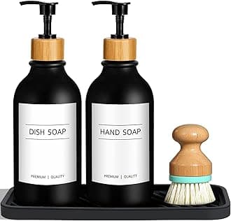 Black Hand and Dish Soap Dispenser Set with Tray, 500 ML Plastic Kitchen Sink Soap Dispenser with Bamboo Dish Brush, Farmhouse Kitchen Washing Up Liquid Dispenser Bottle with Pump Bathroom