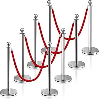 Stainless Steel Stanchion Post Queue 5 ft Red Velvet Rope Red Carpet Ropes and Poles Crowd Control Barriers Sand Injection Hollow Base and Velvet Ropes Set for Party Supplies (8 Pieces, Silver)