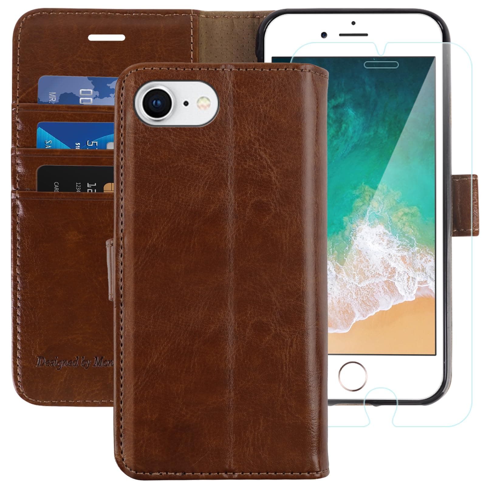 MONASAY Case Compatible for iPhone SE 2022/2020 5G,iPhone 7/8 Wallet Case,4.7-inch, [Glass Screen Protector] Flip Folio Leather Cell Phone Cover with Credit Card Holder, Brown