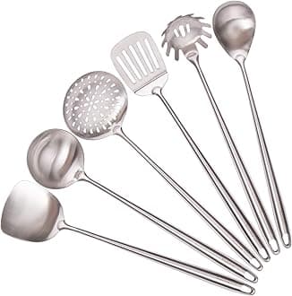 17Inch 304 Stainless Steel Kitchen Utensils Set, 6-Pieces All Metal Extra Long Handle Cooking Tools with Wok Spatula, Soup Ladle, Skimmer Spoon, Slotted Spatula Turner, Spaghetti Server, Solid Spoon
