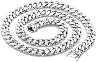 Dubai CollectionsWhite Gold Cuban Link Chain Necklace for Men Real 14MM 14K Karat Diamond Cut Heavy w Solid Thick Plated Clasp US Made