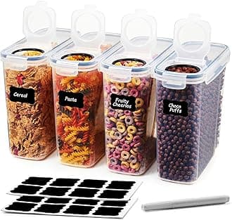 Cereal & Dry Food Storage Containers, Airtight Plastic Kitchen Storage Organizer, Set of 4 [2.5L / 85.4oz] for Sugar, Flour, Snack, Baking Supplies, BPA Free Stackable Boxes with Locking Lids