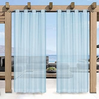 Outdoor Curtain for Patio, Blue Linen Look Semi-Sheer Curtains Waterproof Light Filtering Voile Outside Grommet Drapes for Pergola Balcony Pool Indoor 1 Panel, W52 x L96