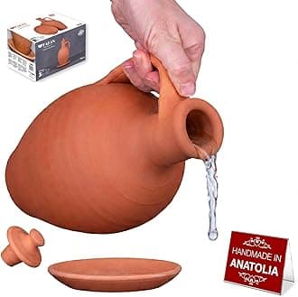 Hakan Anadolu Natural Clay Water Pitcher Set | Unglazed Terracotta Water Carafe & Plate | Traditional Small Mud Jug | Pottery Jar for Drinking Water | Small | 1.6 qts