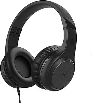 Moto XT120 Over Ear Headphones Wired with Microphone, in-Line Command Control for Calls - Foldable Wired Headphones with Adjustable Cushioned Headband, Dynamic Bass, 3.5mm Jack - Black