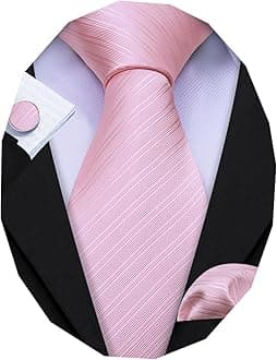 Barry.Wang Stripe Men Ties Set Classic WOVEN Necktie with Handkerchief Cufflinks Formal, Bright Pink, One size