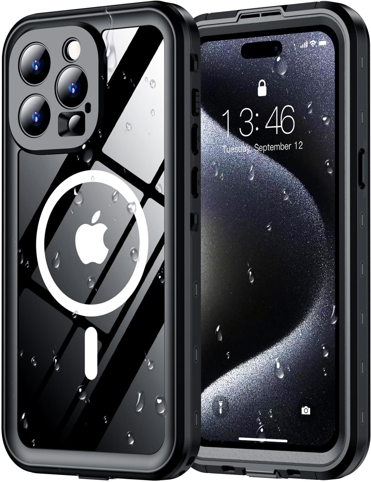 for iPhone 15 Pro Case Waterproof, [Built-in Screen Protector & Camera Protector][Compatible with MagSafe][Full Body Shockproof][IP68 Waterproof][Dustproof] Phone Case 6.1" Black/Clear