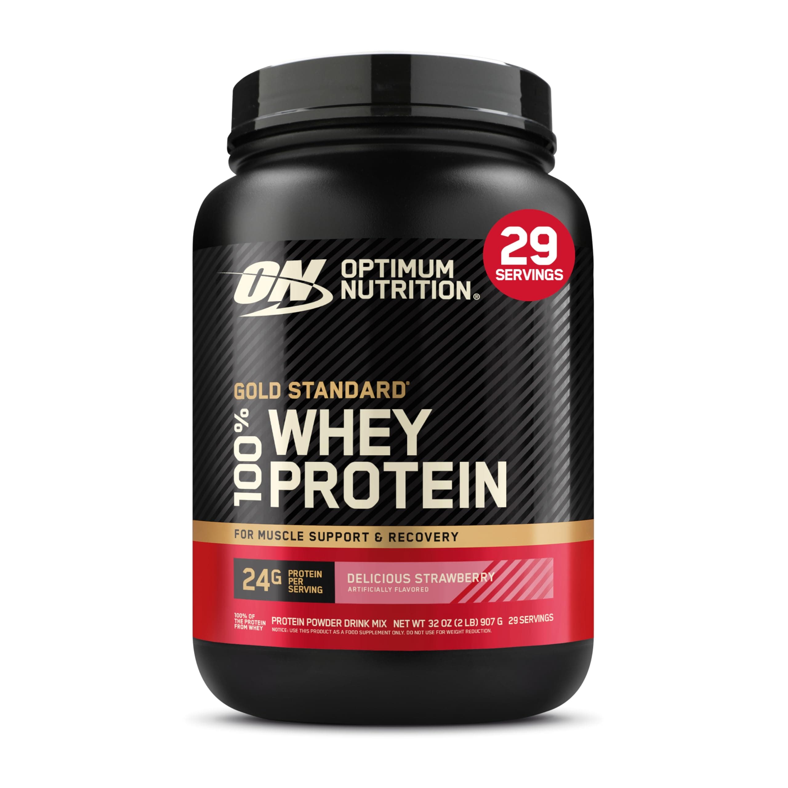 (ON) Gold Standard 100% Whey Protein Powder Primary Source Isolate, 24 Grams of Protein for Muscle Support and Recovery - Delicious Strawberry, 2 Lbs, 29 Servings (907 Grams)