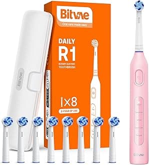 R1 Rotating Electric Toothbrush with 8 Brush Heads for Adults and Kids, 5 Modes Rechargeable Power Toothbrush, 3 Hours Fast Charge for 60 Days, Brushing Timer, Pink