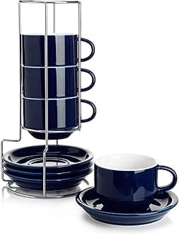 Sweese 406.103 Porcelain Stackable Cappuccino Cups with Saucers and Metal Stand - 8 Ounce for Specialty Coffee Drinks, Cappuccino, Latte, Americano and Tea - Set of 4, Navy