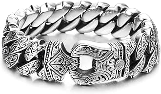 Mens Steel Vintage Fancy Curb Chain Bracelet with Tribal Tattoo Pattern, Retro Style, Masculine