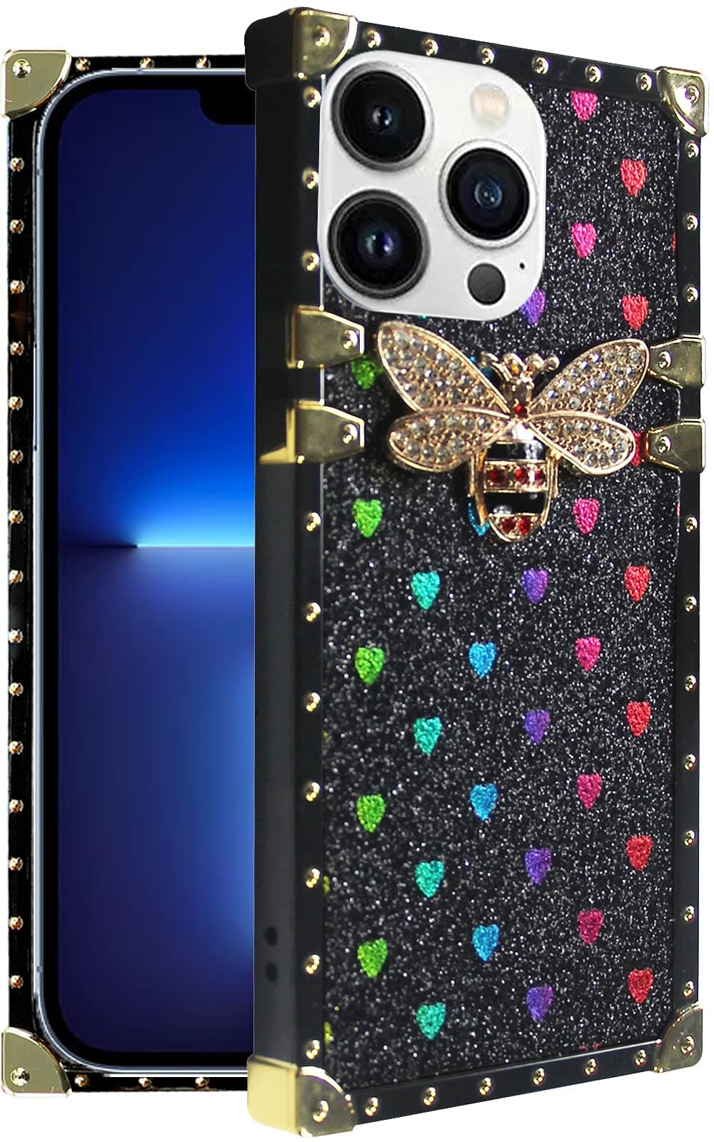 Umhlaba Compatible with iPhone 13 Pro Max case 2021 Square Edge Bling Cute bee Trunk Women Phone Cover Luxury Glitter Box Rectangle Girly Sparkly Fashion 6.7 inch (Black)