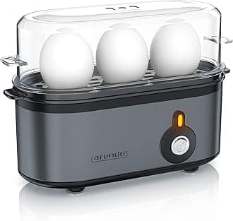 arendo - Electric Egg Boiler, Automatic Cooker with Warming Function for 1 to 3 Perfect Soft,medium and Hard Eggs, Indication Light, Water Measuring Cup and Egg Piercer, Stainless Steel Cool Grey