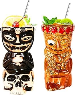 Tiki Mugs, Tiki Glasses Set, Cocktail Mugs, 2 Piece Cocktail Glasses Set, Tiki bar Accessories, Hawaii Party for Premium Tropical Cups Drinks for Exotic Party