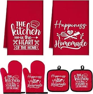 Sratte 6 Pcs Kitchen Decor Accessories Set Farmhouse Towels Pot Holders Oven Mitts Set 2 Dish Towels 2 Potholders 2 Cooking Mittens Oven Glove for Christmas Baking Cooking Supply(Red,Kitchen)