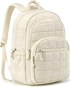 BAGSMART College Laptop Backpack, Travel Backpack for Women, Quilted Casual Daypack, Water-Resistant Bookbag for 15.6 Inch Laptop, Beige
