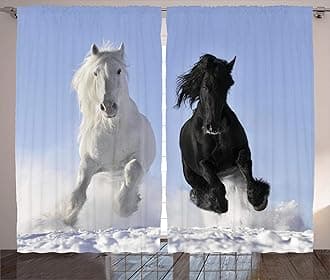 Ambesonne Horses Curtains, Competing Racing Black and White Horses on Snow and Evil Mythical Symbolic Creatures, Living Room Bedroom Window Drapes 2 Panel Set, 108" X 84", Blue Black