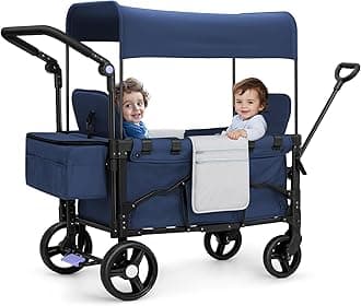Wagon Stroller for 2 Kids,Double-Seater Foldable Kids Wagon with Canopy, Adjustable Push and Pull Handles,Outdoor Baby Stroller Wagon for Toddlers and Infants